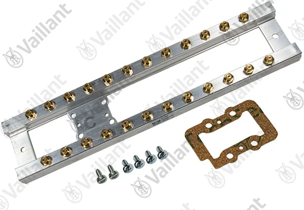 Vaillant Düsenstock aus Aluminium mit mehreren Messingdüsen und einer Dichtung. Enthalten sind Schrauben zur Befestigung.